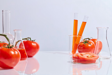 Tomato in laboratory concept featured on white background, photo for advertise organic product...