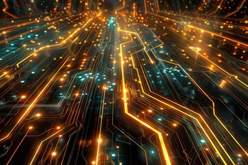 The image is a circuit board with glowing orange and blue lights. It is an abstract and futuristic image that could be used to represent technology, innovation, or speed.