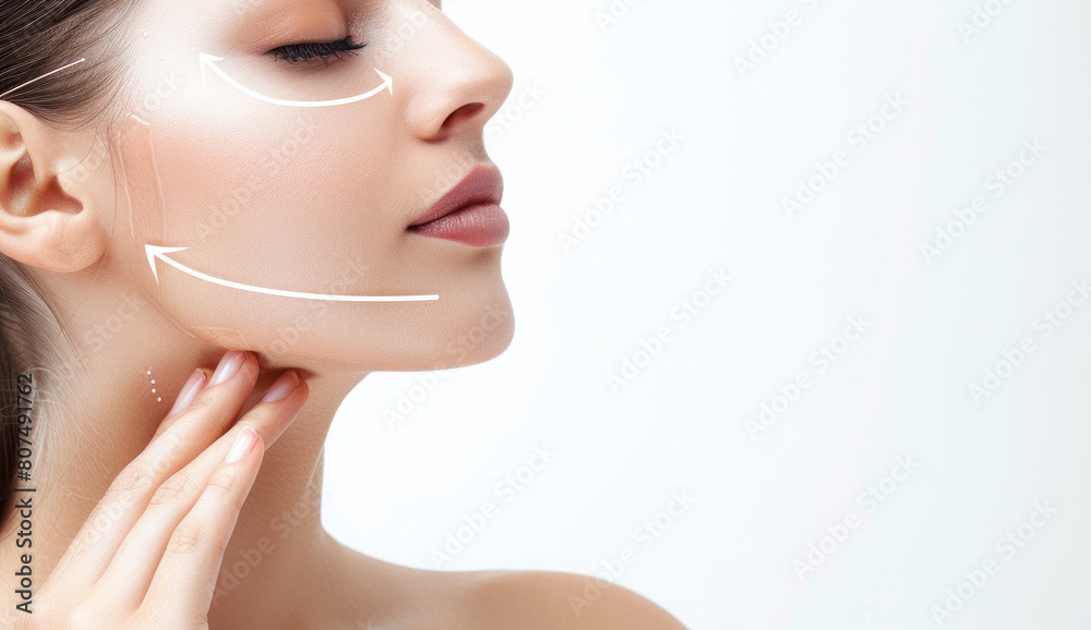 Wall mural A beautiful woman with clean and radiant skin against a white background has an arrow drawn on her face to highlight the area of focus for a lifting and firming treatment