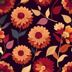 Seamless pattern of autumn florals such as chrysanthemums, dahlias, and asters in rich jewel tones, Generative AI