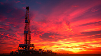 Silhouette drilling rig at sunset in an oilfield