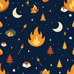 Seamless pattern of cozy autumn evenings with bonfires, toasted marshmallows, and stargazing under a clear night sky, Generative AI
