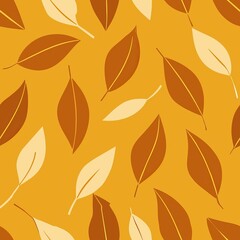Seamless pattern of golden leaves drifting in the breeze against a warm orange backdrop, Generative AI