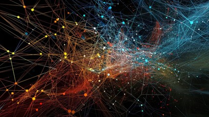 The image shows a glowing network of interconnected nodes and pathways. It is an abstract representation of a complex system, such as a computer network or the human brain.