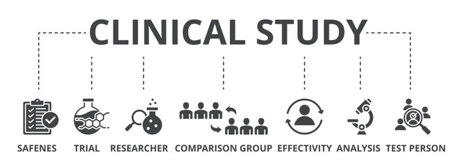 Clinical study concept icon illustration contain safeness, trial, researcher, comparison group, effectivity, analysis and test person.