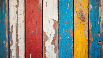 Vintage wooden boards with cracked white, red, yellow, and blue paint