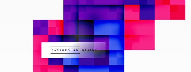 An artistic design featuring a colorfulness of red, blue, and purple squares on a white background. The rectangles create a vibrant mix of azure, violet, and magenta hues