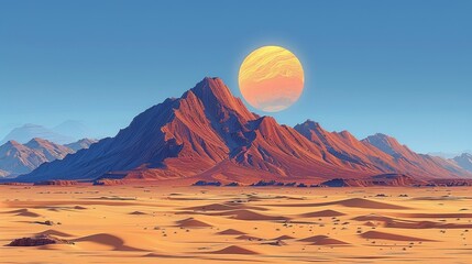 The moon over a desert mountain landscape at sunset. 