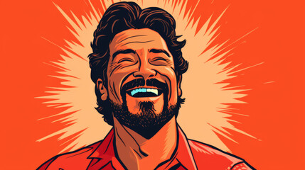 A man with a big smile on his face is shown in a comic book style drawing