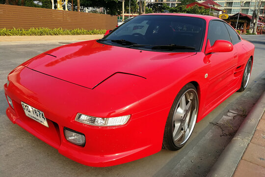 Pattaya, Thailand -Marсh 25.2018: Front and side on view of a classic Japanese red Toyota MR2 roadster built in 1988.