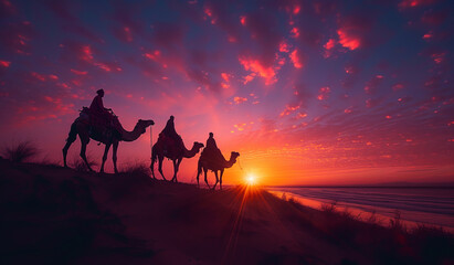 Three people riding camels on a beach at sunset. Generative AI