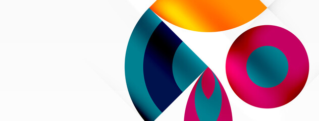 Obraz premium A vibrant logo featuring circles and triangles in azure, electric blue, and magenta hues on a white background. The design incorporates symmetry, patterns, and a modern font
