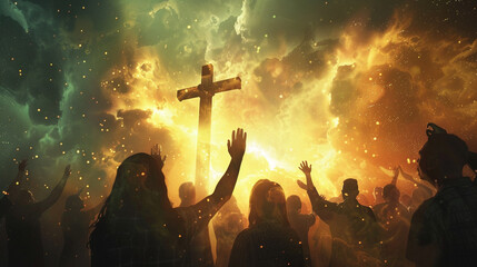 Christian worshipers with hands raised in reverence before the cross, bathed in ethereal light