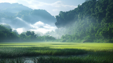 mountains, land and vast rice fields