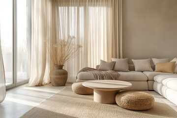 Serene living room with minimalist design, streamlined furniture in neutral colors, soft morning light in a modern Scandinavian apartment.