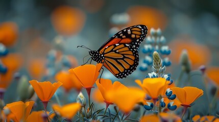 Obraz premium A beautiful monarch butterfly on purple lupine flowers in a field of California poppies. 