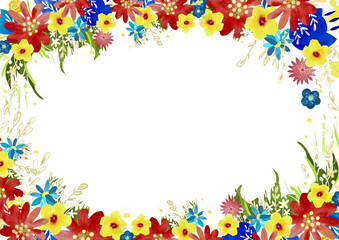 Spring frame of red, yellow, white flowers and leaves illustration isolated