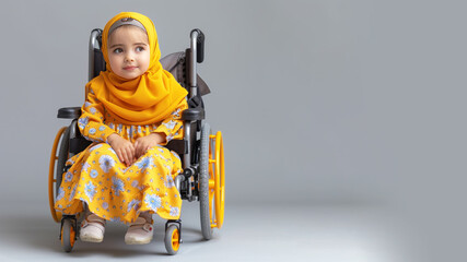Arabian disabled girl sitting in wheelchair isolated on pastel background