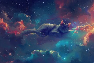 Fototapeta premium Curious Cat Orbiting in a Vibrant Galactic Wallpaper