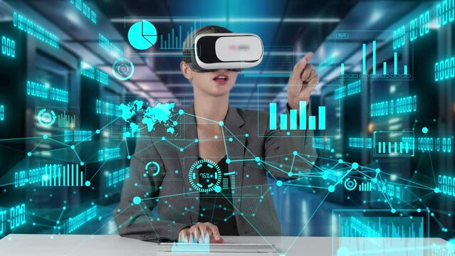 IT developer typing computer code for analyzing intelligent website development coder system data selection by VR innovation interface digital network technology visual hologram server. Contraption.