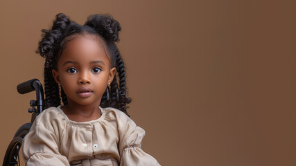 African disabled girl sitting in wheelchair isolated on pastel background