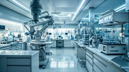 Scientific laboratory with state-of-the-art equipment and researchers in lab coats.

