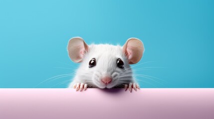 A playful rat with big eyes curiously peeks over a bright colored edge, Ai Generated