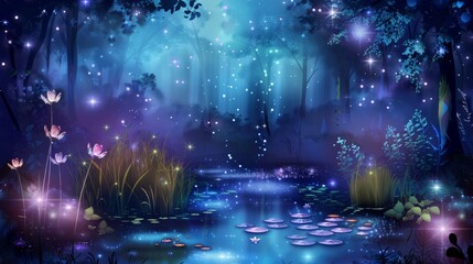 A fantasy landscape depicting a magical forest at night, illuminated by enchanting lights, Ai Generated