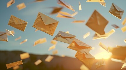 Envelopes flying through the air, symbolizing letters being sent to their addressees, Ai Generated
