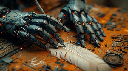 Capture the elegance of a sonnet in a zoomed worms-eye view of a robotic hand delicately holding a quill pen against a backdrop of circuitry and intricate gears - obrazy, fototapety, plakaty