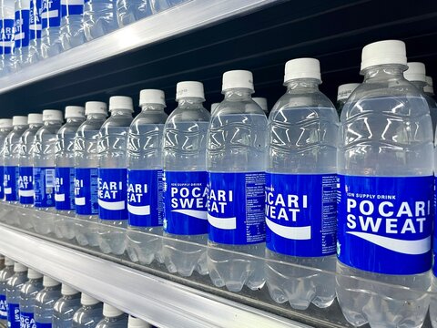 Jakarta, Indonesia - May 6th, 2024 - Pocari sweat ion sport refreshing drinks from japan popular in Indonesia in supermarket shelf. Editorial objects photography.