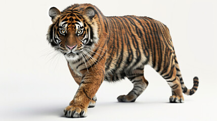  A majestic tiger prowls against a white backdrop, its powerful muscles rippling beneath its striped fur