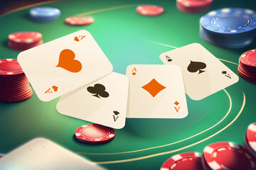 A pair of aces and stack of chips on casino green table