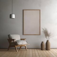 Blank brown picture frame ,room mockup  colour beige, big comfy chair, light