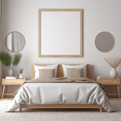 Blank white frame in a symmetrical bedroom 3d mock up, tables sheets pillows