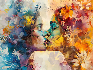 An abstract artistic image depicting two women's profiles overlaid with vibrant floral and nature motifs.
