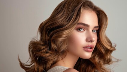 An elegant side-swept hairstyle with gentle waves, emanating effortless chic against a blank canvas.