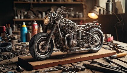 An exquisitely detailed steampunk motorcycle model, assembled with various gears and parts, displayed on a workshop table.