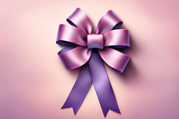 Top view of purple ribbon rolled and pink bow isolated on colored background. Flat lay with copy space