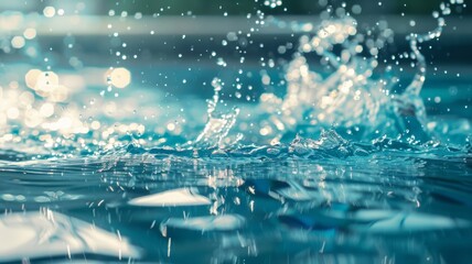 bright side view of a pool water surface with a splash in the water. Beautiful abstract background concept banner.