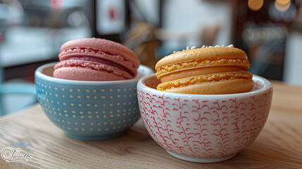 macaroons on a table,
A Table Topped with Two Bowls Filled with Macaro - Powered by Adobe