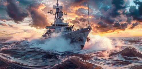 Modern Navy Destroyer on Patrol. Military Defense and Security Concept. Naval Vessel Navigating Rough Seas - obrazy, fototapety, plakaty