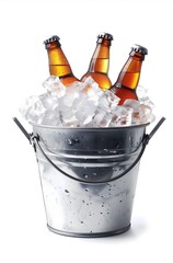 Metal bucket with bottles of beer and ice cubes on white background, isolated