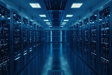 Hightech server room visualization, representing realtime data processing and storage