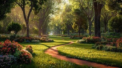 Obraz premium park background with towering trees and meandering pathways leading through lush greenery and vibrant flower beds