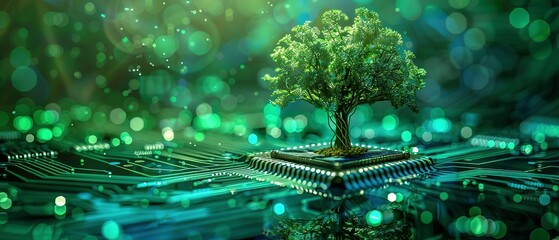 A Tree Sprouting from a Circuit Board, Embracing the Convergence of Digital Technology and Green Computing