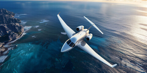 Obraz premium Luxury private jet flying above the sea. Summer holiday theme background