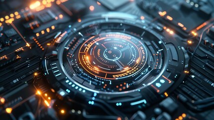 Interface showcasing a circular digital network, highlighting connectivity and system integration