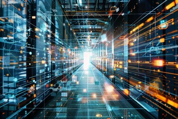 Large scale data center operations shown through an overlay of digital graphics, emphasizing network management and IT infrastructure