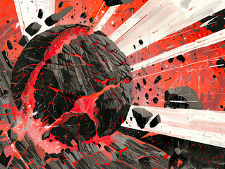 Dynamic abstract representation of a volcanic eruption, employing intense red and black tones to...